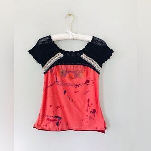 Free people | distressed t-shirt with lace sleeves